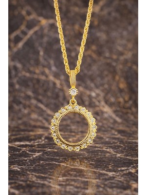 Vipfoni Altın Kaplama Zirkon Taşlı Çeyrek Uyumlu Çerçeve Kolye M-3