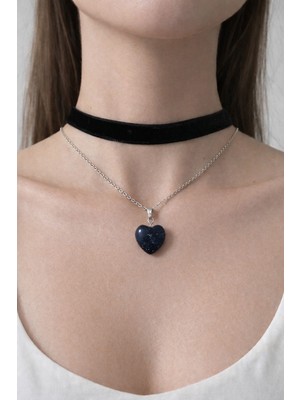Aurevyn Design Yıldız Taşı Doğal Taş Kalp Figürlü Kolye ve Siyah Choker Seti