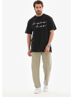 Glam Love Bisiklet Yaka Baskılı Oversize T-Shirt - Siyah