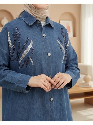 Modamorfo Pul Payetli Metal Düğmeli Salaş Kot Gömlek -Indigo