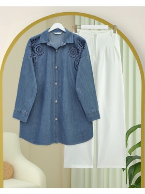 Modamorfo Önü Düğmeli Pul Payet Detaylı Kot Gömlek -İndigo