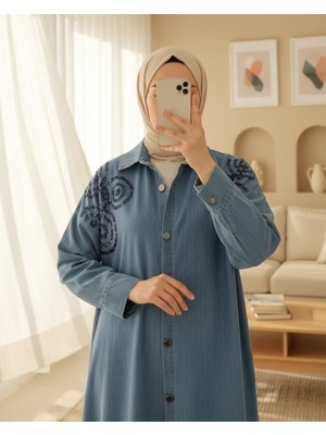 Modamorfo Önü Düğmeli Pul Payet Detaylı Kot Gömlek -Açık Mavi