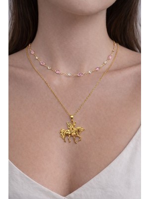 Aurevyn Design Pembe Taş Detaylı Altın Kaplama Ikili Unicorn Kolye