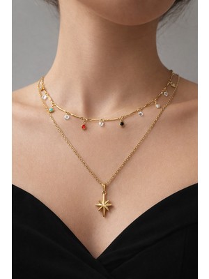 Aurevyn Design Çift Sıralı Kutup Yıldız Figürlü Renkli Taş Detaylı Altın Kaplama Kadın Kolye