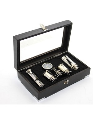 Yaman Market Ahşap Kutulu Pirinç Dürbün Pusula ve Kum Saati Seti