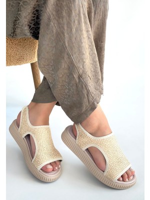 DMR Elegance Wayi Bej Hasır Cilt Sandalet
