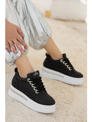 DMR Elegance Lulu Siyah Cilt Beyaz Tabanlı Bağcıklı Spor Ayakkabı