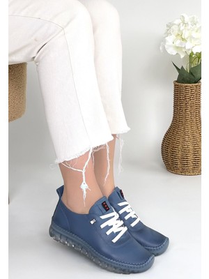 DMR Elegance Jiten Mavi Deri Bağcıklı Spor Ayakkabı