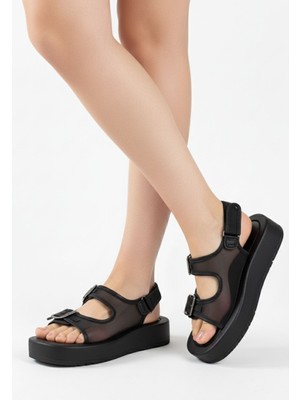 DMR Elegance Sinna Siyah Cilt Tül Detaylı Sandalet