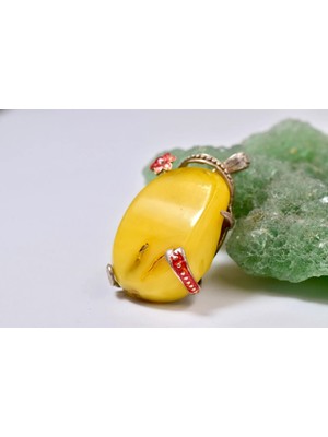 Doğaltaş Damla Kehribar Mine Işlemeli Gümüş Kolye