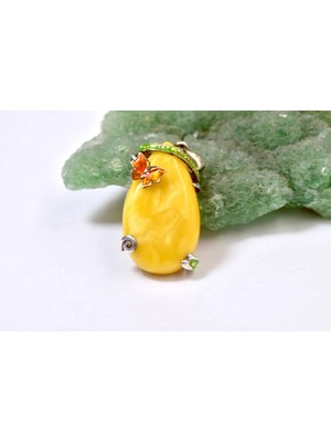 Doğaltaş Damla Kehribar Mine Işlemeli Gümüş Kolye