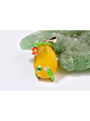 Doğaltaş Damla Kehribar Mine Işlemeli Gümüş Kolye