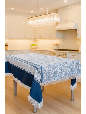 Rona Home Lüks Mavi Beyaz Çiçek Desenli Masa Örtüsü Dantel Detaylı Şık Ev Dekoratif Sofra Örtüsü.