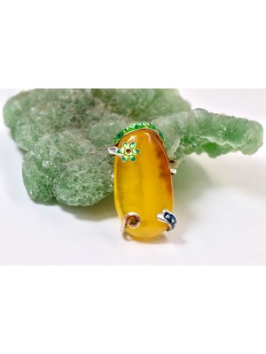 Doğaltaş Damla Kehribar Mine Işlemeli Gümüş Kolye