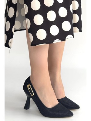 Trivogue Cerin Siyah Saten Simli Topuklu Ayakkabı