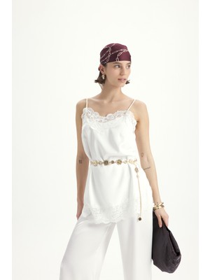 Mai Maris Dantel Detay Beyaz Saten Pantolon Takım