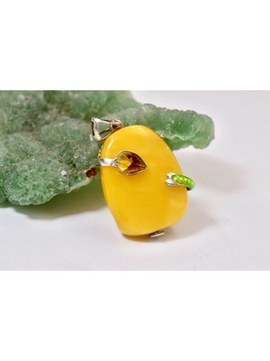 Doğaltaş Damla Kehribar Mine Işlemeli Gümüş Kolye