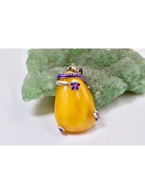 Doğaltaş Damla Kehribar Mine Işlemeli Gümüş Kolye