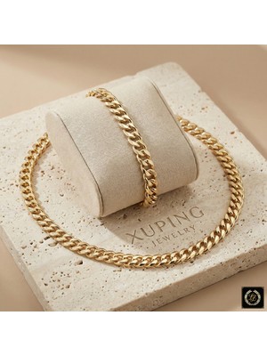 Xuping Jewelry Vıp Seri 14K Gold Renk 316L Çelik Klasik Gurmet Zincir Kolye Bileklik Seti