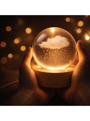 Mg Concept 3D Bulut ve Yağmur Kristal Küre Gece Lambası Ahşap LED Tabanlı Usb’li Dekoratif Masa Lambası