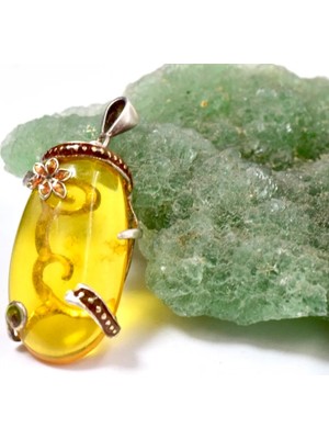 Doğaltaş Damla Kehribar Mine Işlemeli Gümüş Kolye