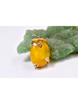 Doğaltaş Damla Kehribar Mine Işlemeli Gümüş Kolye