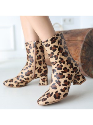 DMR Elegance Birta Leopar Cilt Streç Topuklu Bot