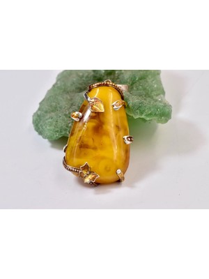 Doğaltaş Damla Kehribar Mine Işlemeli Gümüş Kolye