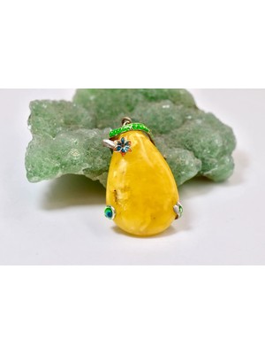 Doğaltaş Damla Kehribar Mine Işlemeli Gümüş Kolye