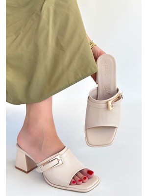 DMR Elegance Ziva Bej Cilt Topuklu Terlik