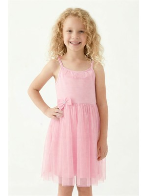 Modanino Kız Çocuk Elbise -Tüllü ve Süsleme Detaylı-Askılı Kollu- 4-8 Yaş 12536