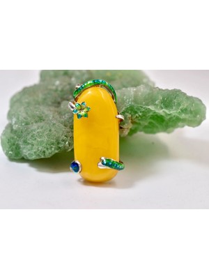 Doğaltaş Damla Kehribar Mine Işlemeli Gümüş Kolye