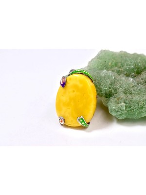 Doğaltaş Damla Kehribar Mine Işlemeli Gümüş Kolye