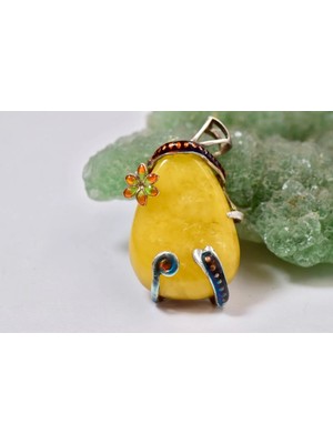 Doğaltaş Damla Kehribar Mine Işlemeli Gümüş Kolye