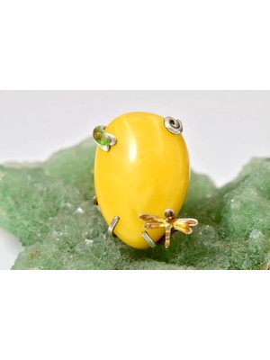 Doğaltaş Damla Kehribar Mine Işlemeli Gümüş Yüzük