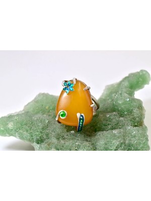 Doğaltaş Damla Kehribar Mine Işlemeli Gümüş Yüzük