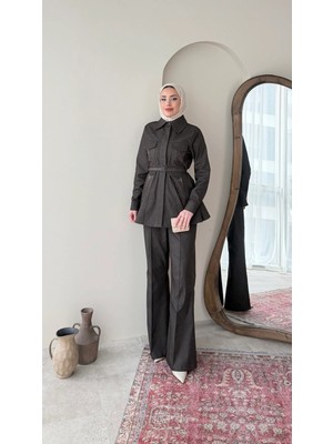 Miraydin Butik Taş Detaylı Belden Bağlamalı Kot Takım - Kahverengi