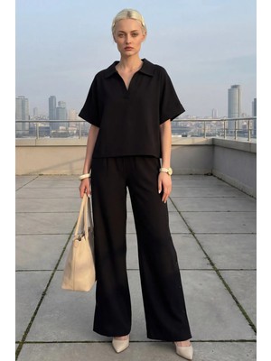 Hiccup Kadın My Fashıon V Yaka Kısa Kollu Bluz & Geniş Paça Pantolon Ikili Takım Siyah