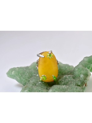 Doğaltaş Damla Kehribar Mine Işlemeli Gümüş Yüzük