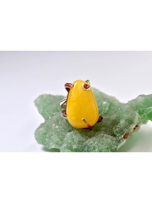 Doğaltaş Damla Kehribar Mine Işlemeli Gümüş Yüzük