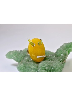 Doğaltaş Damla Kehribar Mine Işlemeli Gümüş Yüzük