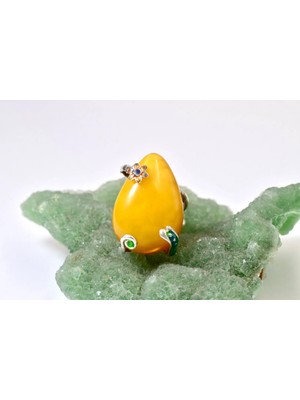 Doğaltaş Damla Kehribar Mine Işlemeli Gümüş Yüzük