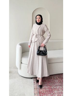 Miraydin Butik Tek Düğmeli Ceket ve Pileli Etek Takım - Bej