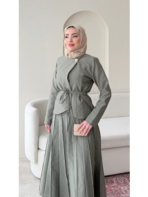 Miraydin Butik Tek Düğmeli Ceket ve Pileli Etek Takım - Yeşil