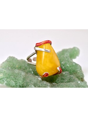 Doğaltaş Damla Kehribar Mine Işlemeli Gümüş Yüzük