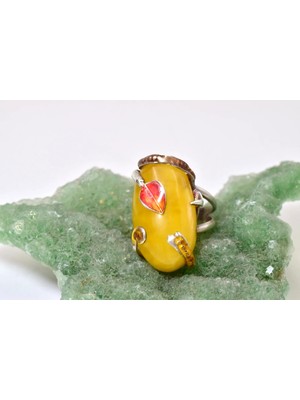 Doğaltaş Damla Kehribar Mine Işlemeli Gümüş Yüzük