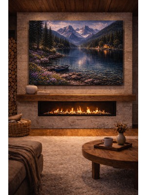 Artease Göl Kenarında Sıradağlar Tekneler Kanvas Tablo