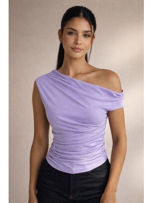 Cuyka Kadın Tek Omuz Drapeli Sandy Kumaş Bluz Şık Fit Günlük Kombin Bluz