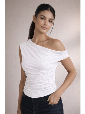 Cuyka Kadın Tek Omuz Drapeli Sandy Kumaş Bluz Şık Fit Günlük Kombin Bluz