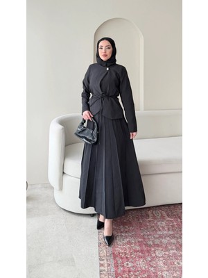 Miraydin Butik Tek Düğmeli Ceket ve Pileli Etek Takım - Siyah